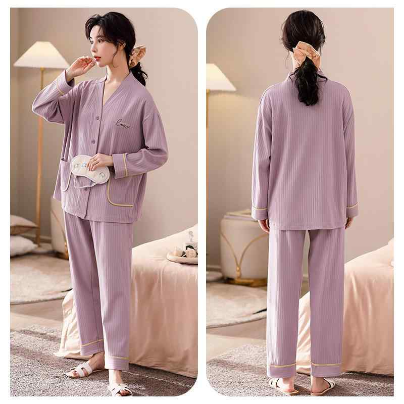 パジャマ レディース 春秋 綿 長袖 長ズボン 上下セット 妊婦 産後 ルームウェア Vネック 前開き ボタン ウエストゴム 大きいサイズ 柔らかい 通気性 ストレッチ 紫 青 緑(4.0)