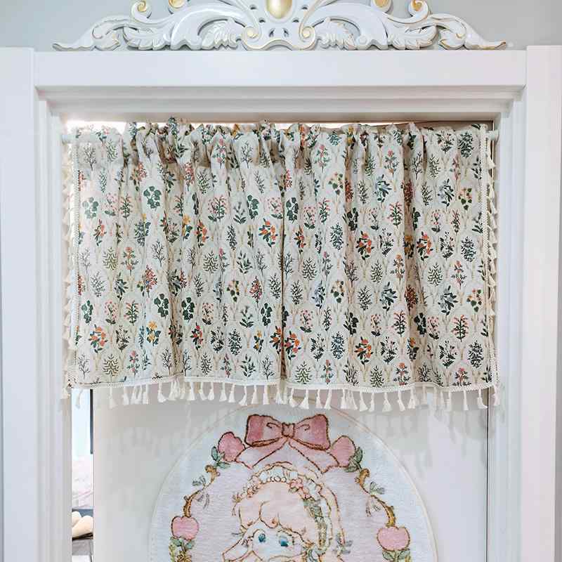 カフェカーテン おしゃれ 葉 リーフ 花 植物 ハーフ キッチン 間仕切り 目隠し パーティション ナチュラル 3辺 フリンジ付き 小窓 綿