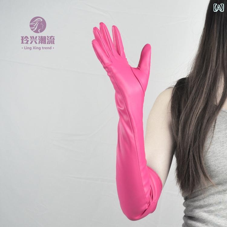 レザー 手袋 レディース PU ロング 50cm 秋冬 グローブ 5本指 マット 韓国 保温 裏起毛 シンプル 無地 おしゃれ パーティー 写真撮影 ピンク 赤 黒