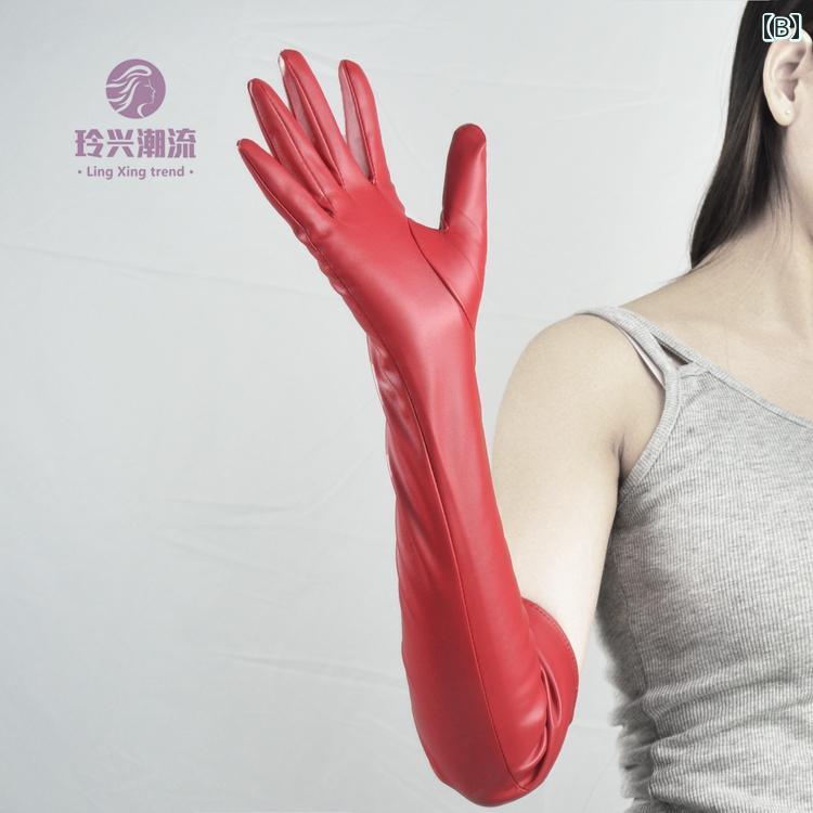 レザー 手袋 レディース PU ロング 50cm 秋冬 グローブ 5本指 マット 韓国 保温 裏起毛 シンプル 無地 おしゃれ パーティー 写真撮影 ピンク 赤 黒