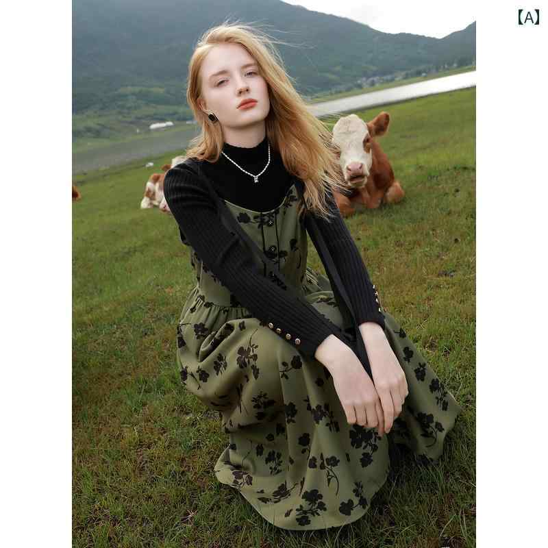 ワンピース 花柄 レディース 秋冬 キャミソール ミモレ丈 スクエアネック ボタン リボン プルオーバー ハイウエスト Aライン レトロ おしゃれ カジュアル プリント 緑