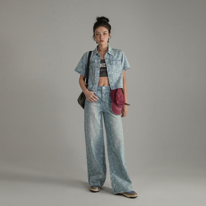 ペイズリー柄 シャツ デニム レディース ゆったり プリント ショート 薄手 おしゃれ おでかけ 普段使い カジュアル ストリート 韓国 半袖 ポケット 綿