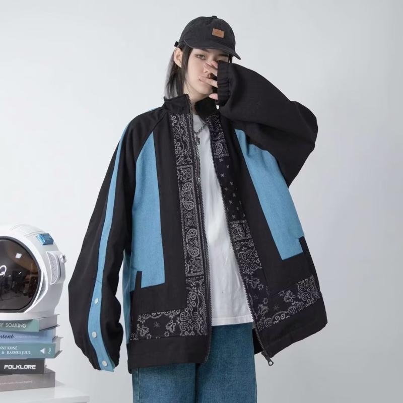 Long-Sleeved - レディース アウター 春秋 メンズ アメリカン ストリート ゆったり 大きいサイズ ジップアップ スタンドカラー 長袖 黒 普段使い カジュアル ペイズリー 柄