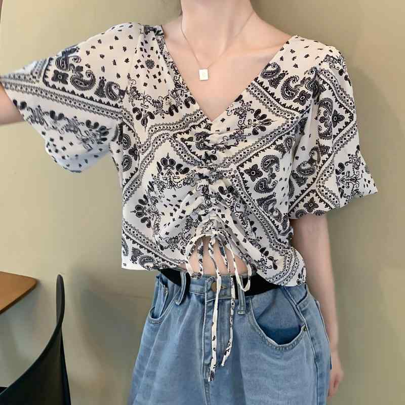 トップス レディース おしゃれ 大きいサイズ 半袖 シフォン シャツ ペイズリー 柄 ショート vネック パフスリーブ 黒 白 カジュアル プルオーバー レースアップ