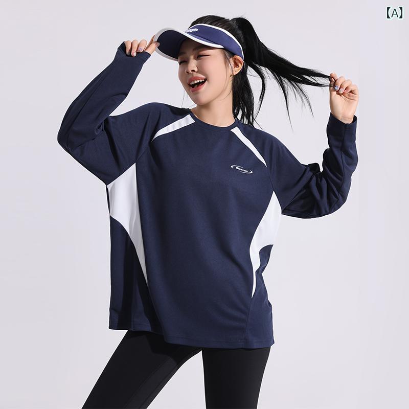 フロントップ楽天市場店のTシャツ トップス レディース スポーティ おしゃれ 大きいサイズ 長袖 ラウンドネック 柔らかい 通気性 速乾 ストレッチ ゆったり 着痩せ 細見え スポーツウェア ダンス ランニング フィットネス シンプル カジュアル ストリート 黒 青｜アングル2