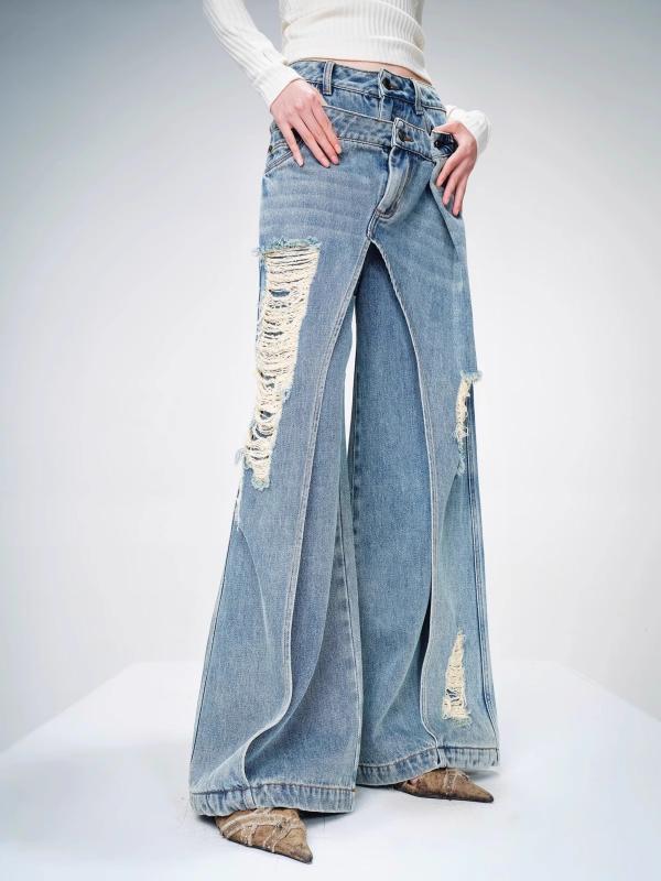 デニムパンツ レディース ヴィンテージ風 ウォッシュ加工 ダメージ ジーンズ 春 大きいサイズ 重ね着風 フレア ワイド ハイウエスト カジュアル おしゃれ frontop-12660275 フロントップ楽天市場店 パッケージ画像