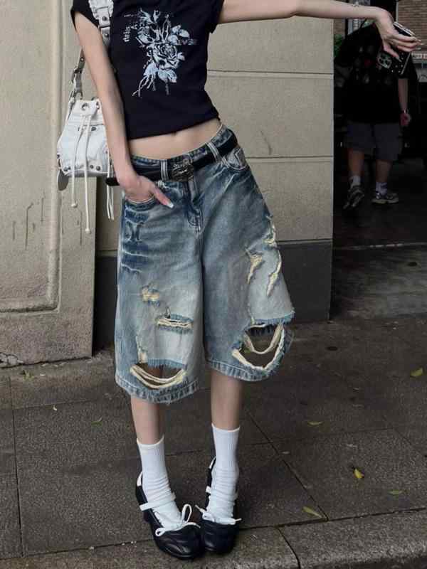 Other - デニムパンツ レディース ストレート 5分丈 ダメージ ジーンズ 夏 男女兼用 ヴィンテージ風 ウォッシュ加工 ハイウエスト アメリカン カジュアル おしゃれ 普段使い 大きいサイズ