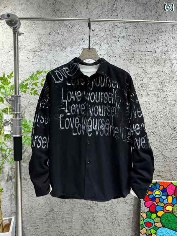 グラデーション シャツ 秋 メンズ 長袖 韓国 アメリカン カジュアル セルロース 黒 ベージュ トリアセテート ジエン弾性 耐摩耗性 シンプル 普段使い おしゃれ 柄