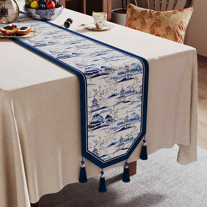 テーブルクロス 小さめ 中国風 青花柄 センター ランナー スクエア タッセル付き 家庭用 茶席 ダイニング サイドボード 垂れ下がり 装飾 布 シェニール