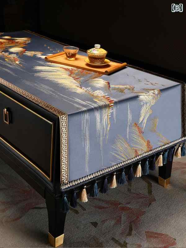 テーブルクロス 小さめ スクエア 中国風 上品 家庭用 リビング ベッドサイド テレビ台 防塵カバー 装飾 布 タッセル付き おしゃれ グレー 青 黄