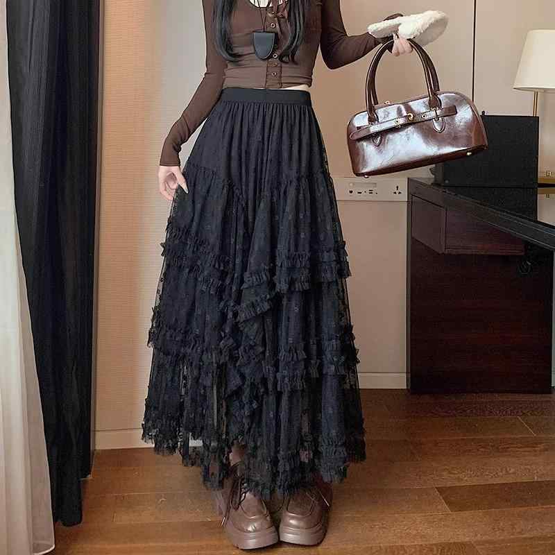 ふんわりスカート 大人 レディース 上品 Aライン ティアード ウエストゴム ロング レース フリル 春 薄手 普段使い かわいい 白 黒