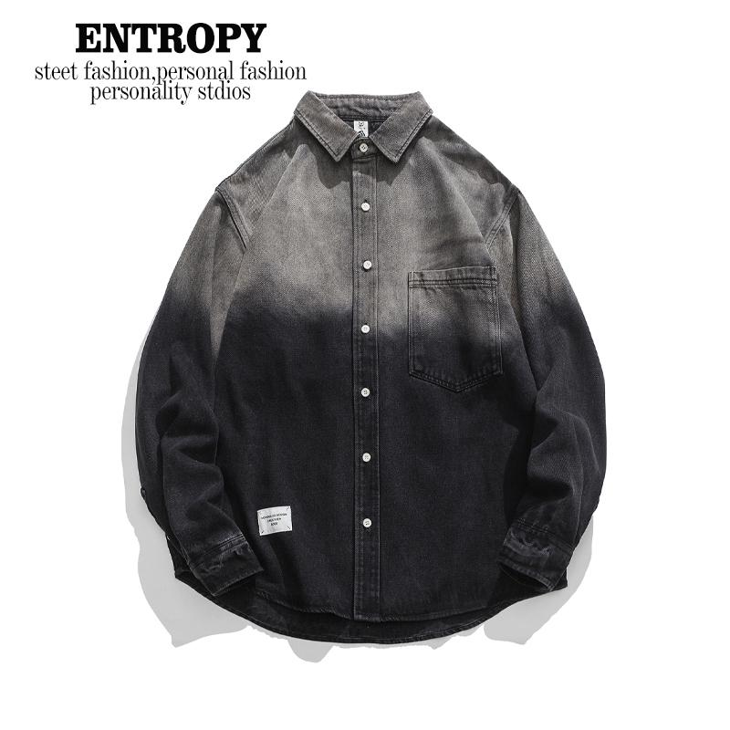 メンズ デニム ジャケット 長袖 シャツ グラデーション ブラック ヴィンテージ ゆったり カジュアル 春秋