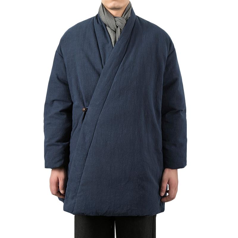 コート メンズ 大人 大きいサイズ ゆったり ミドル丈 防寒 保温 暖かい 厚手 長袖 斜め襟 ボタン 綿 麻 漢服 レトロ チャイナ風 シンプル 無地 グレー 黒 紺