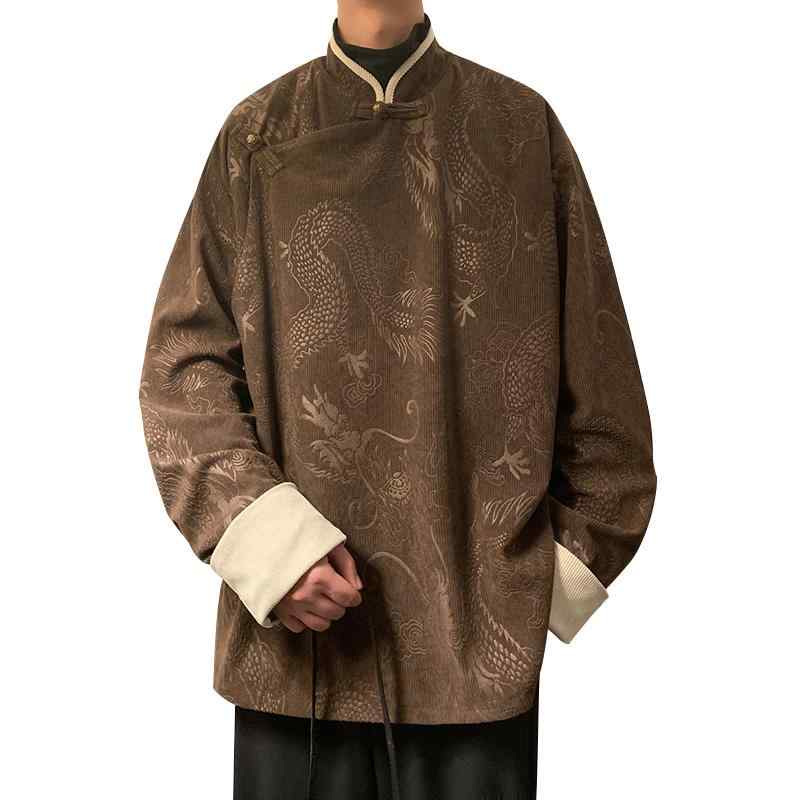 チャイナ風 シャツ メンズ 大人 大きいサイズ ゆったり 長袖 レトロ 漢服 コーデュロイ ジャカード スタンドカラー ボタン 龍 おしゃれ 茶 黒(4.0)