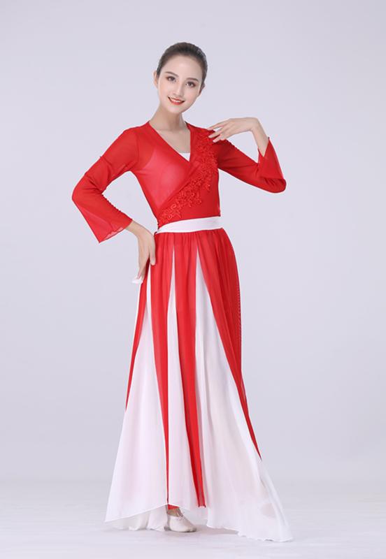 ダンス衣装 大人 レディース チャイナ風 春夏 シフォン 長袖 ロング丈 Vネック 練習着 パフォーマンス ステージ エレガント クラシック おしゃれ シンプル 赤 ピンク 緑 大きいサイズ