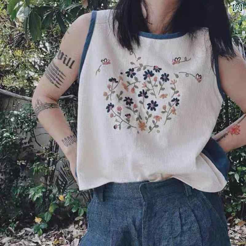 ノースリーブ レディース 春秋 トップス 薄手 プルオーバー ラウンドネック ゆったり シンプル ストリート カジュアル おしゃれ 花柄