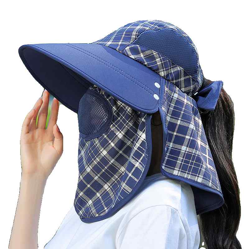 畑 帽子 つば広 紫外線対策 防塵 通気性 涼しい レディース 夏 アウトドア サイクリング 茶摘み チェック リボン ネイビー ピンク 紫