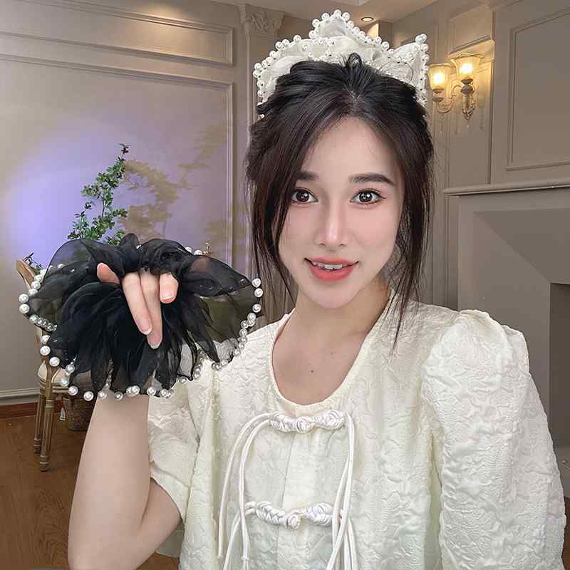 シュシュ ヘップバーン風 風 レトロ 髪飾り 大きな メッシュ パール付き シンプル エレガント 名媛 ヘ..