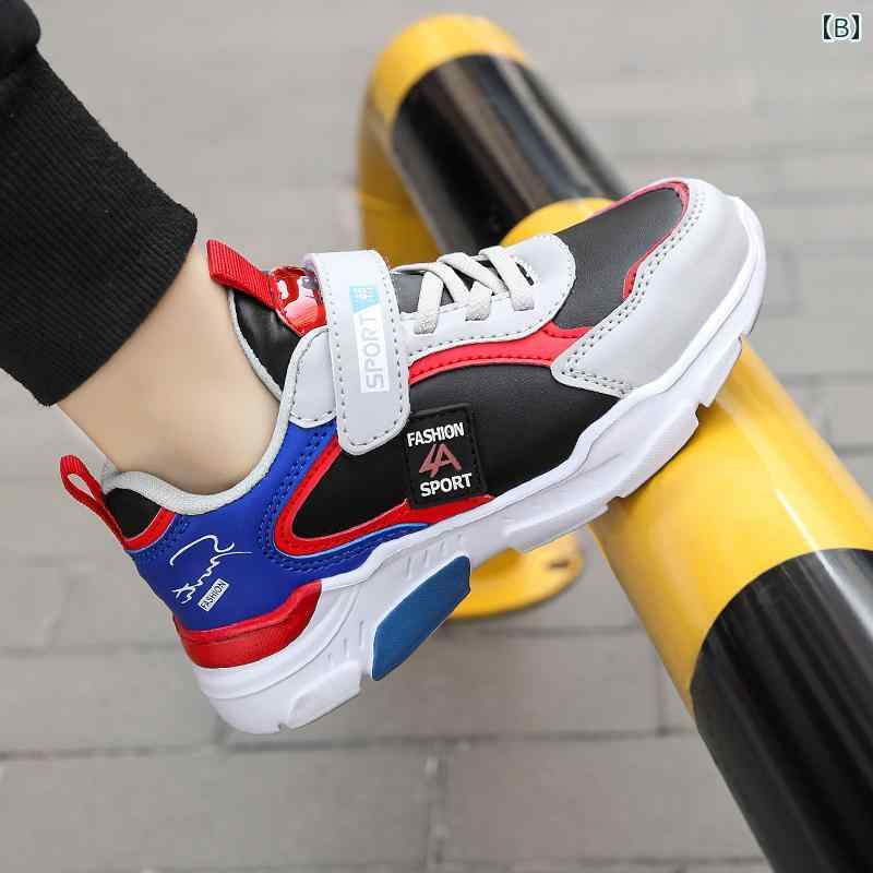 スニーカー キッズ 男の子 シューズ 秋冬 PUレザー 防水 子供 スポーツ 滑り止め メッシュ 大きいサイズ 軽量 EVA 面ファスナー 英字 ロゴ カジュアル ランニング 青 黒 赤