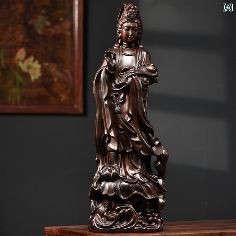 置き物 装飾 飾り 工芸品 彫刻 木製 黒檀 南海観音菩薩 仏像 大きめ 仏壇用 仏具 立像 家庭用 リビング..