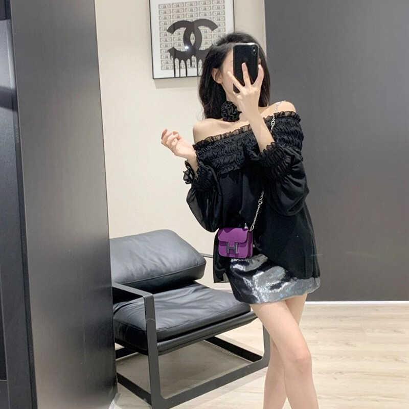 オフショルダー トップス シフォン 春 フレンチ ブラウス フリル ゆったり かわいい レース レディース 長袖 カジュアル デート 黒