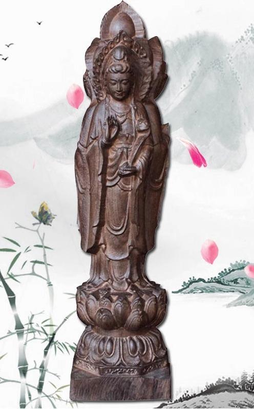 置き物 彫刻 木彫り 工芸品 装飾 飾り 三面観音菩薩像 立象 仏壇用 仏具 お守り 子受け 安産 開運 オブ..