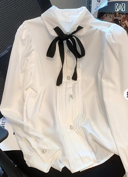 ボリューム袖 ブラウス レディース 春秋 トップス 長袖 シャツ パフスリーブ リボンタイ 襟付き シンプル カジュアル おしゃれ 白
