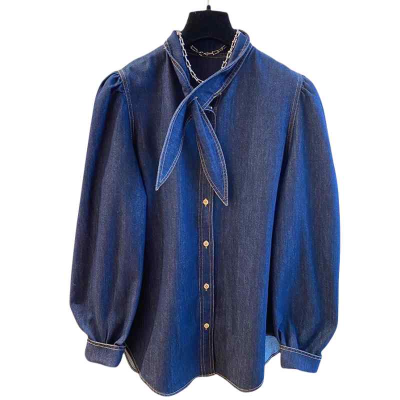 トップス レディース 春秋 長袖 パフスリーブ ダンガリーシャツ デニム ゆったり 大きいサイズ リボンタイ シンプル カジュアル おしゃれ 青
