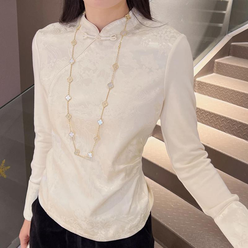 Long-Sleeved - スタンドカラー シャツ レディース 長袖 春秋 チャイナ風 ボタン プルオーバー トップス スリムフィット おしゃれ 上品 通勤 普段使い 白