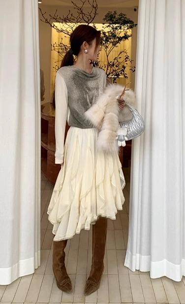 アシンメトリー スカート レディース 韓国 フェアリー 春秋 レース ふんわり ガーリー 柔らかい おしゃれ 普段使い アイボリー ミモレ丈