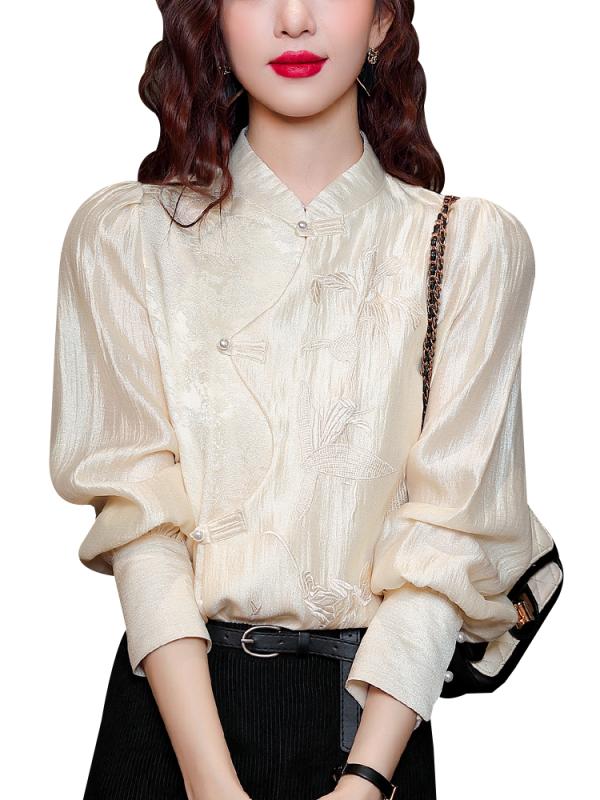 Long-Sleeved - スタンドカラー シャツ レディース 長袖 チャイナ風 シフォン ブラウス レトロ 軽量 通気性 光沢 上品 おしゃれ 大きいサイズ 通勤 お出かけ アプリコット