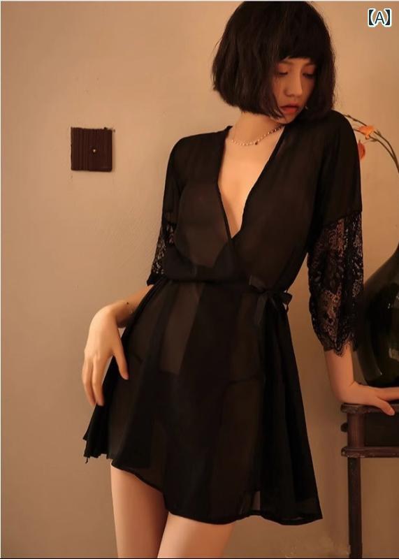 カーディガン レディース 春夏 羽織 前開き 腰紐 Tバッグ セット セクシー ランジェリー ネグリジェ 薄..