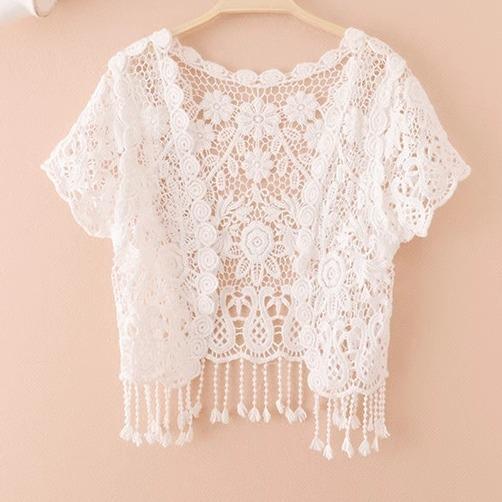 カーディガン レディース 夏 ボレロ 羽織 半袖 ショート丈 オープンフロント レース 透かし編み 薄手 ..