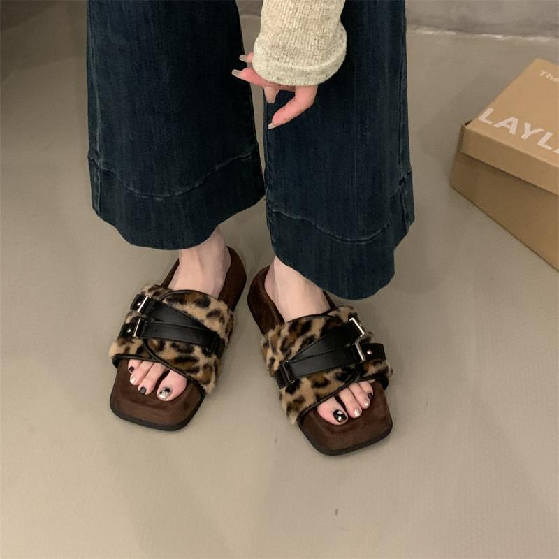サンダル レディース 秋冬 もこもこ 厚底 フラット 韓国 PU 歩きやすい 疲れにくい 外履き カジュアル おしゃれ ベルト ショッピング お出かけ アプリコット ヒョウ柄 黒
