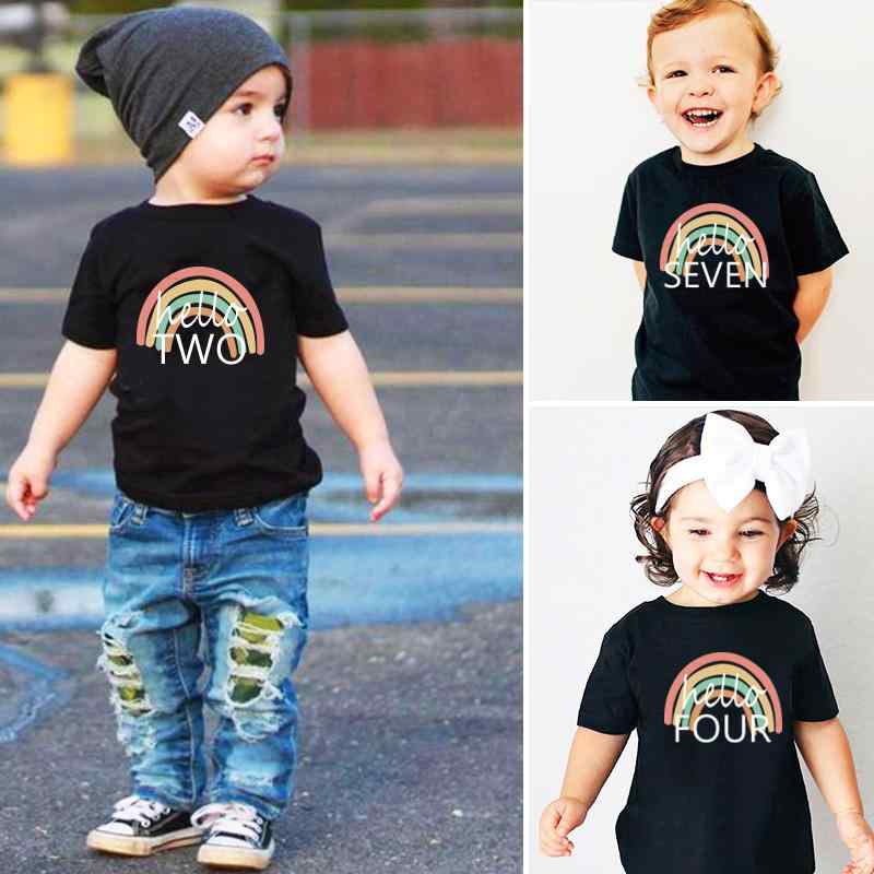 誕生日 服 子供 お祝い 2歳 3歳 番号 Tシャツ 夏 薄手 トップス 半袖 綿 柔らかい シンプル カジュアル 虹 プリント 白 黒 ラウンドネック ゆったり