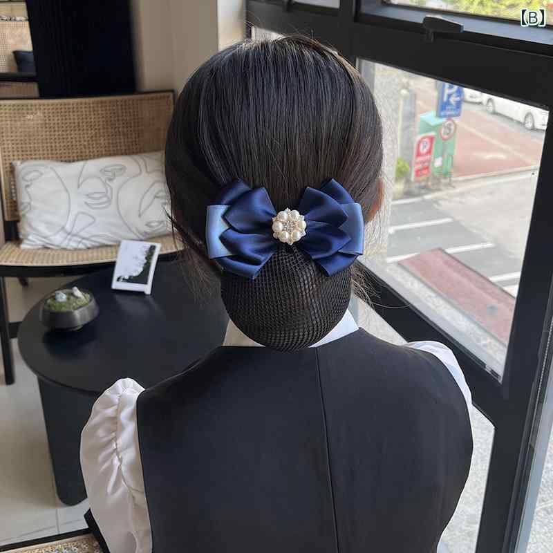 シニヨンネット 大人 上品 エレガント レディース ヘアアクセサリー まとめ髪 仕事用 キャビンアテンダント クリップ パール リボン おしゃれ 紫 青 緑