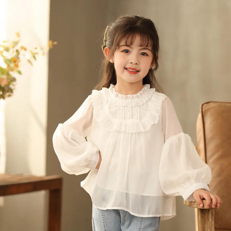 子ども 女の子 ブラウス 長袖 パフスリーブ 白 トップス シフォン シャツ 春秋 夏 チェック柄 シンプル おしゃれ 普段使い カジュアル フリル レディース 薄手 ゆったり