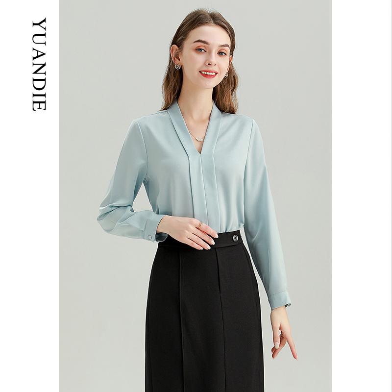 シャツ ブラウス 長袖 Vネック 春秋 おしゃれ プルオーバー ブルー オフィス レディース