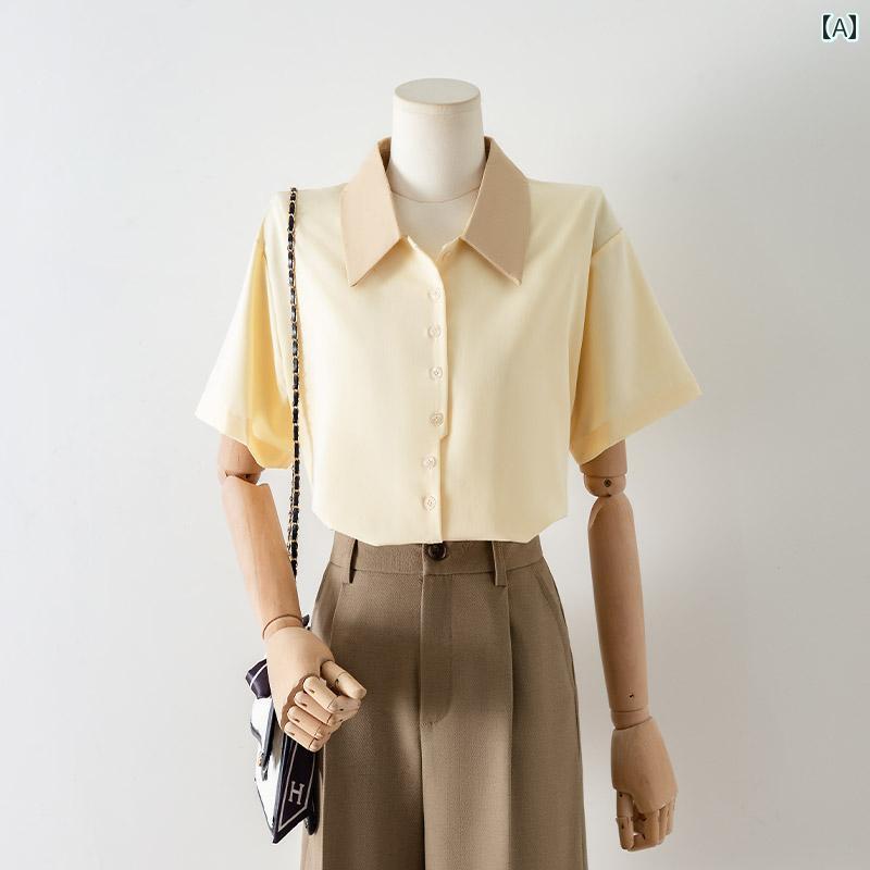 シャツ レディース おしゃれ 配色 半袖 襟 ゆったり スリム効果 シフォン 夏