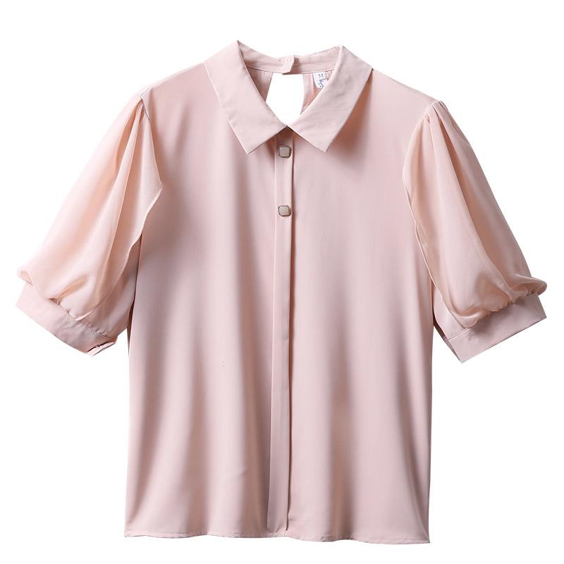 シャツ ブラウス 女性 半袖 衿 ピンク ストレート シルエット 夏 吸湿 通気性 パフスリーブ スタイリッシュ フェミニン