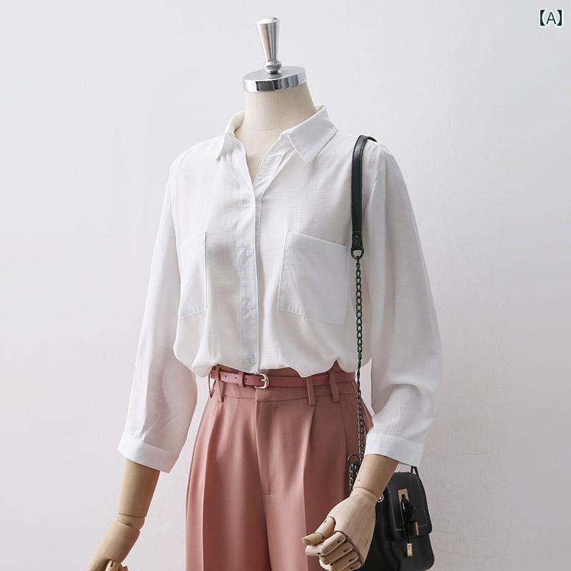 シャツ ブラウス 白 レディース 七分袖 通勤 襟 薄手 カジュアル ポケット 夏 フォーマル(4.0)