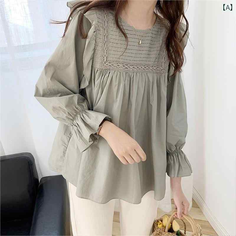 ブラウス レディース トップス 韓国 春夏 シフォン 長袖 プルオーバー ラウンドネック ベルスリーブ フリル カジュアル おしゃれ 緑 白 黒 大きいサイズ(4)