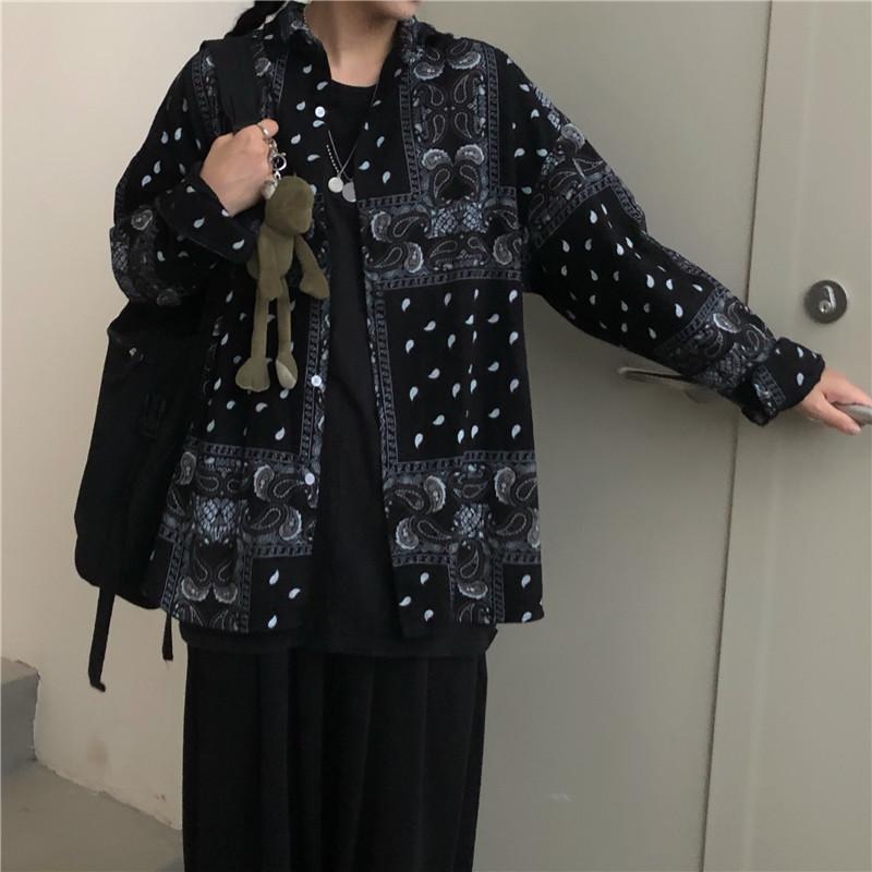 Long-Sleeved - ペイズリー柄 シャツ 秋 韓国 レトロ ゆったり カジュアル ストリート 長袖 トップス レディース 黒 シンプル 普段使い おしゃれ 個性的