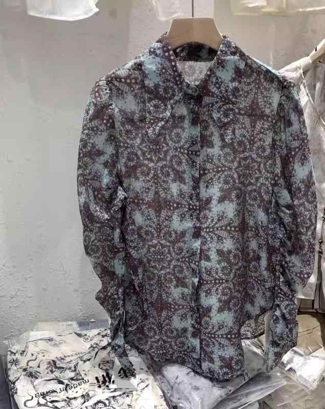 乐天商城 - ペイズリー柄 シャツ レトロ 長袖 レディース 秋 フレンチ プリント スリムフィット 普段使い カジュアル エスニック 大きいサイズ 青 おしゃれ