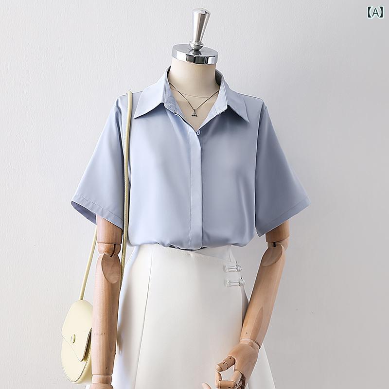 シャツ レディース おしゃれ 半袖 サテン風 ブルー 隠しボタン 上品 シンプル 大人 面接 夏 着痩せ