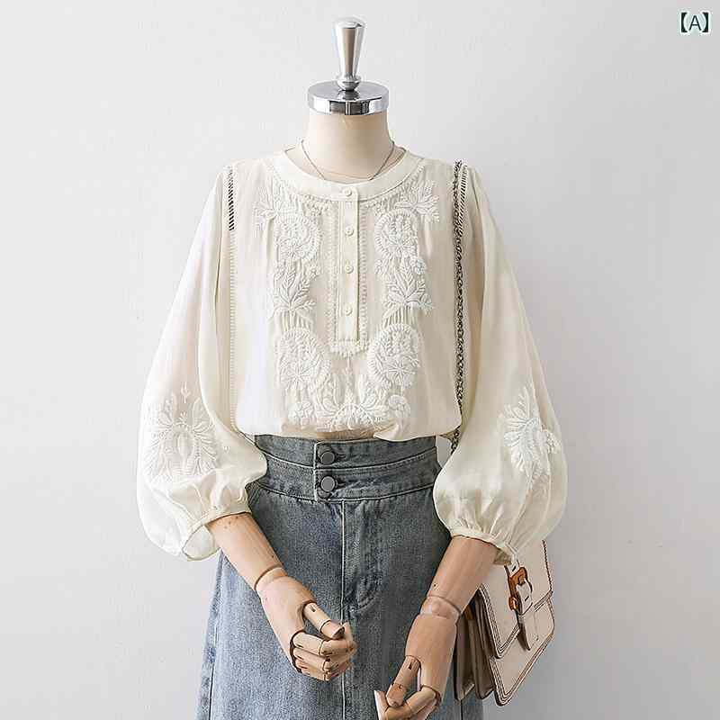 シャツ レディース おしゃれ 七分袖 刺繍 上品 中国風 立体感 ゆったり シンプル 夏