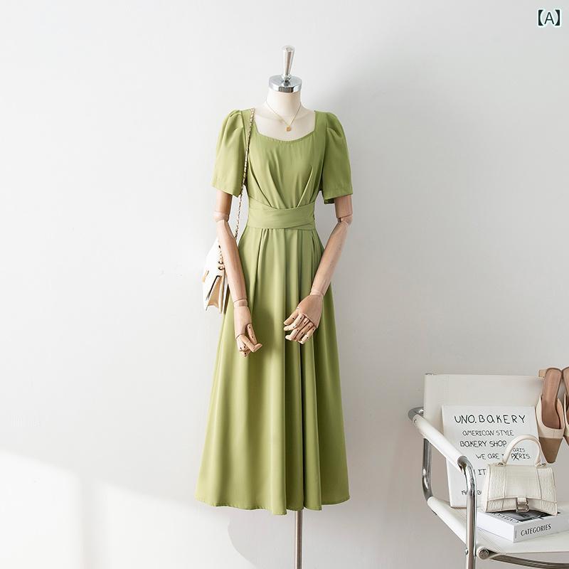ワンピース 大人 フレンチレトロ スクエアネック 半袖 ウエストリボン ミモレ丈 夏 着痩せ