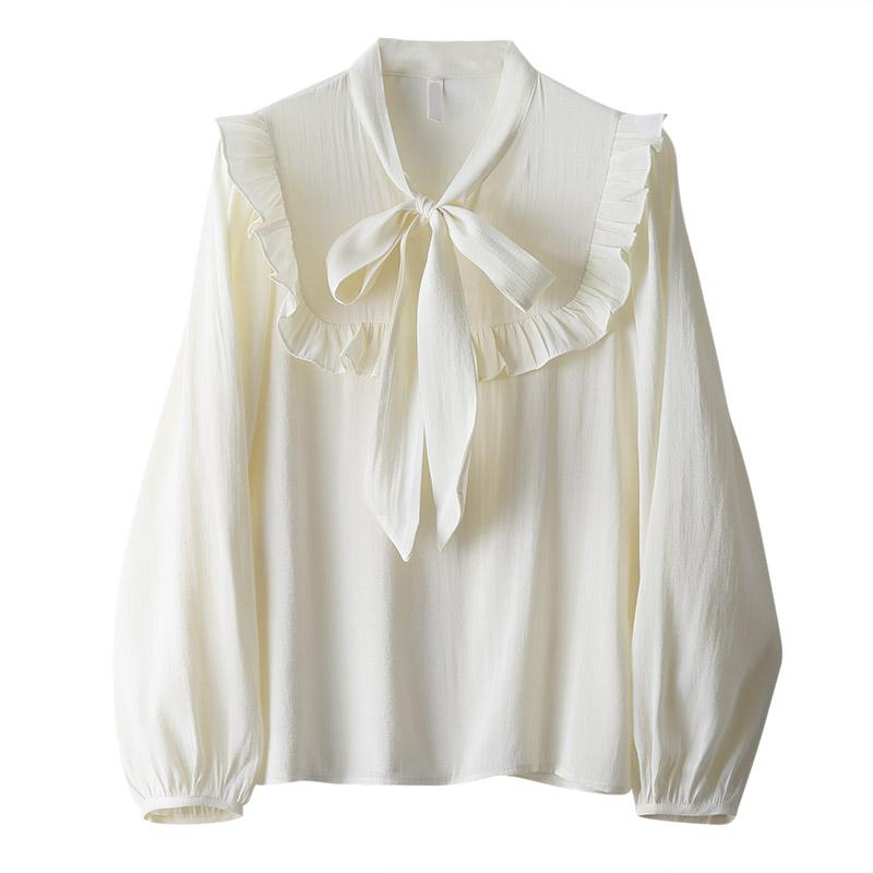 サイズ: S.M.L.XL 柄: 無地 襟の形: Vネック 前立て: シングルブレスト カラー: アプリコット 袖の形: バルーンスリーブ 袖丈: 長袖 着丈: レギュラー シルエット: ストレート デザイン: リボン.フリル