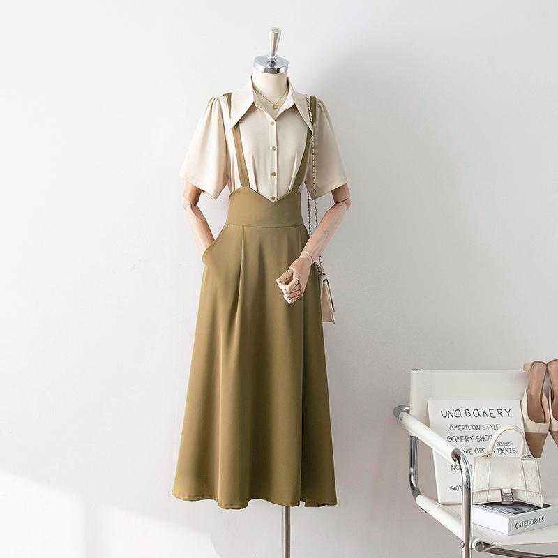 サスペンダー スカート ハイウエスト Aライン 夏 ウエストマーク スリム効果 大きめ裾 フレア