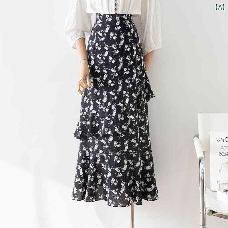 スカート 黒 花柄 ハイウエスト フレア ミモレ丈 夏 シフォン ラッフルスリット レディース